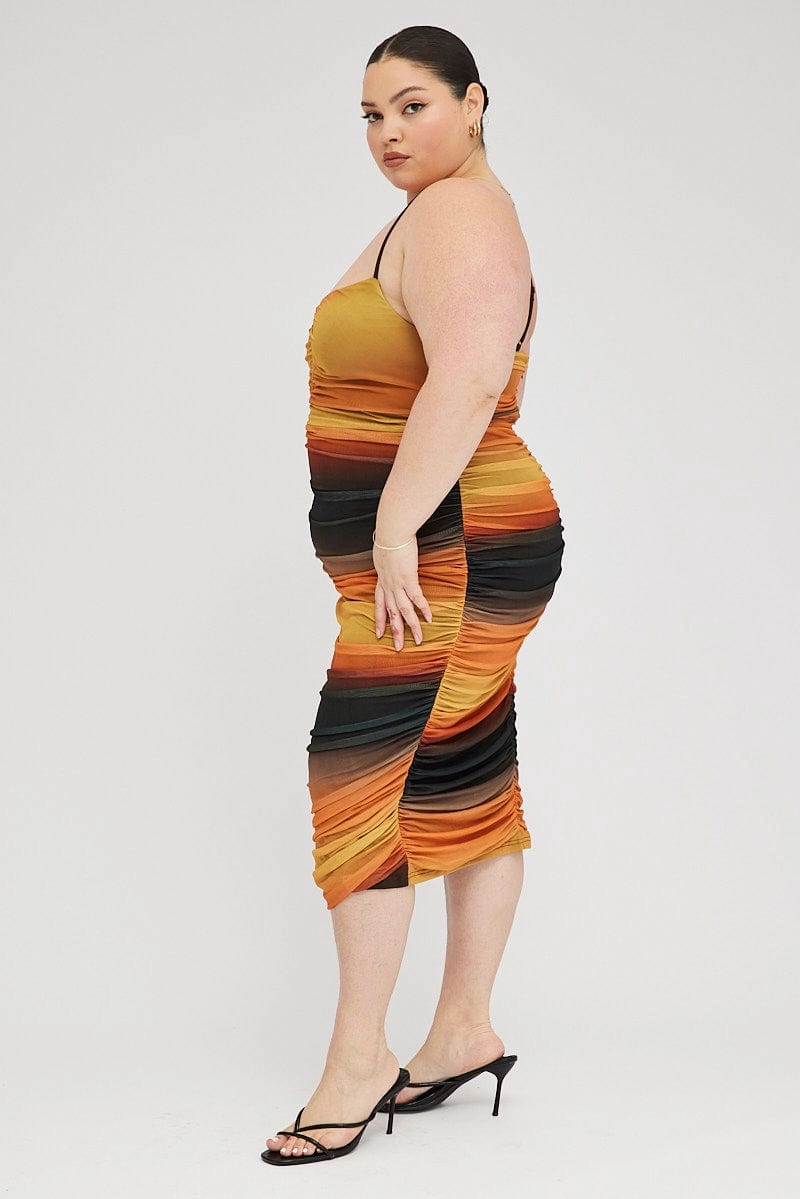 Comfortable travel dress Multi Abstract Bodycon Dress Mesh Ruched Sunset Print Strappy