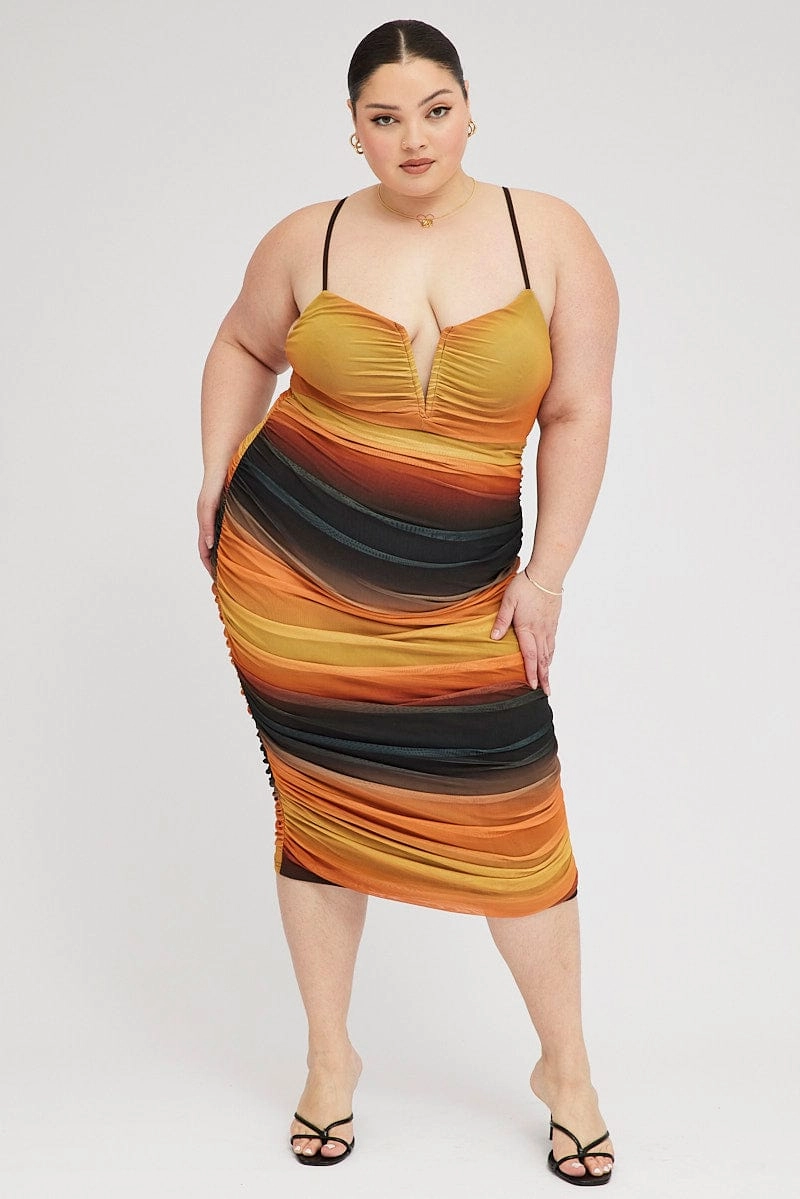 Multi Abstract Bodycon Dress Mesh Ruched Sunset Print Strappy everyday elegance