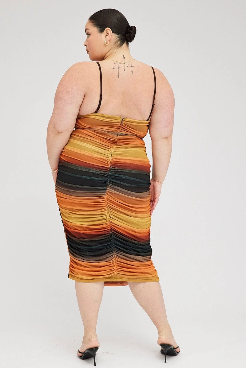All Timewear Pink Glow Multi Abstract Bodycon Dress Mesh Ruched Sunset Print Strappy