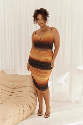 Multi Abstract Bodycon Dress Mesh Ruched Sunset Print Strappy Interchangeable-Detail Elegant formal piece