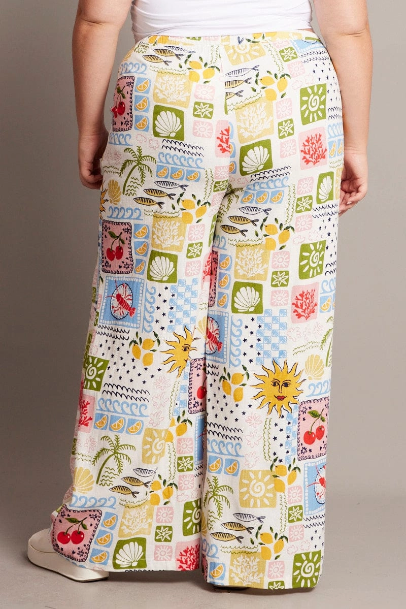 Durable Seam Construction Multi Abstract Drawstring Waist Linen Blend Pants