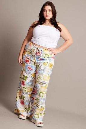 Multi Abstract Drawstring Waist Linen Blend Pants AntiSnagZippers