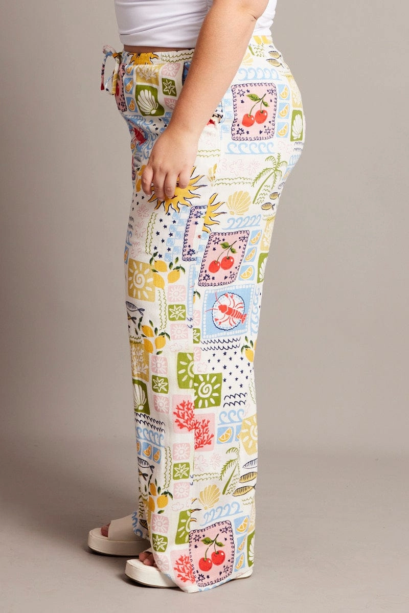 Multi Abstract Drawstring Waist Linen Blend Pants QuickDryTechnology Weather Ready