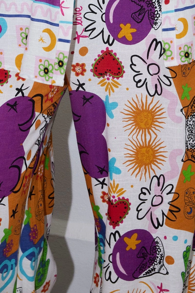 High Rise Design Tear Resistant Weave Multi Abstract Drawstring Waist Linen Blend Wide Leg Pants