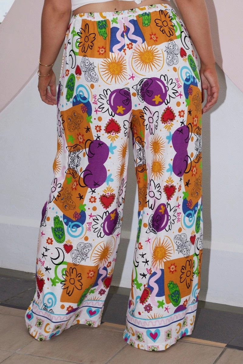 Utility pocket Multi Abstract Drawstring Waist Linen Blend Wide Leg Pants
