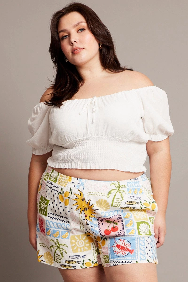 Casual Active Flexible Side Panels Multi Abstract Elastic Waist Linen Blend Shorts