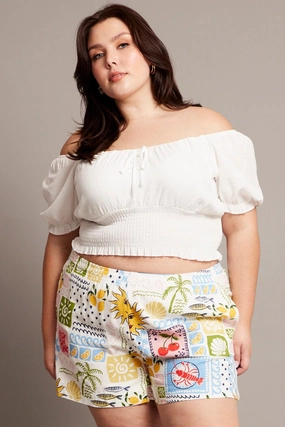 Casual Active Flexible Side Panels Multi Abstract Elastic Waist Linen Blend Shorts