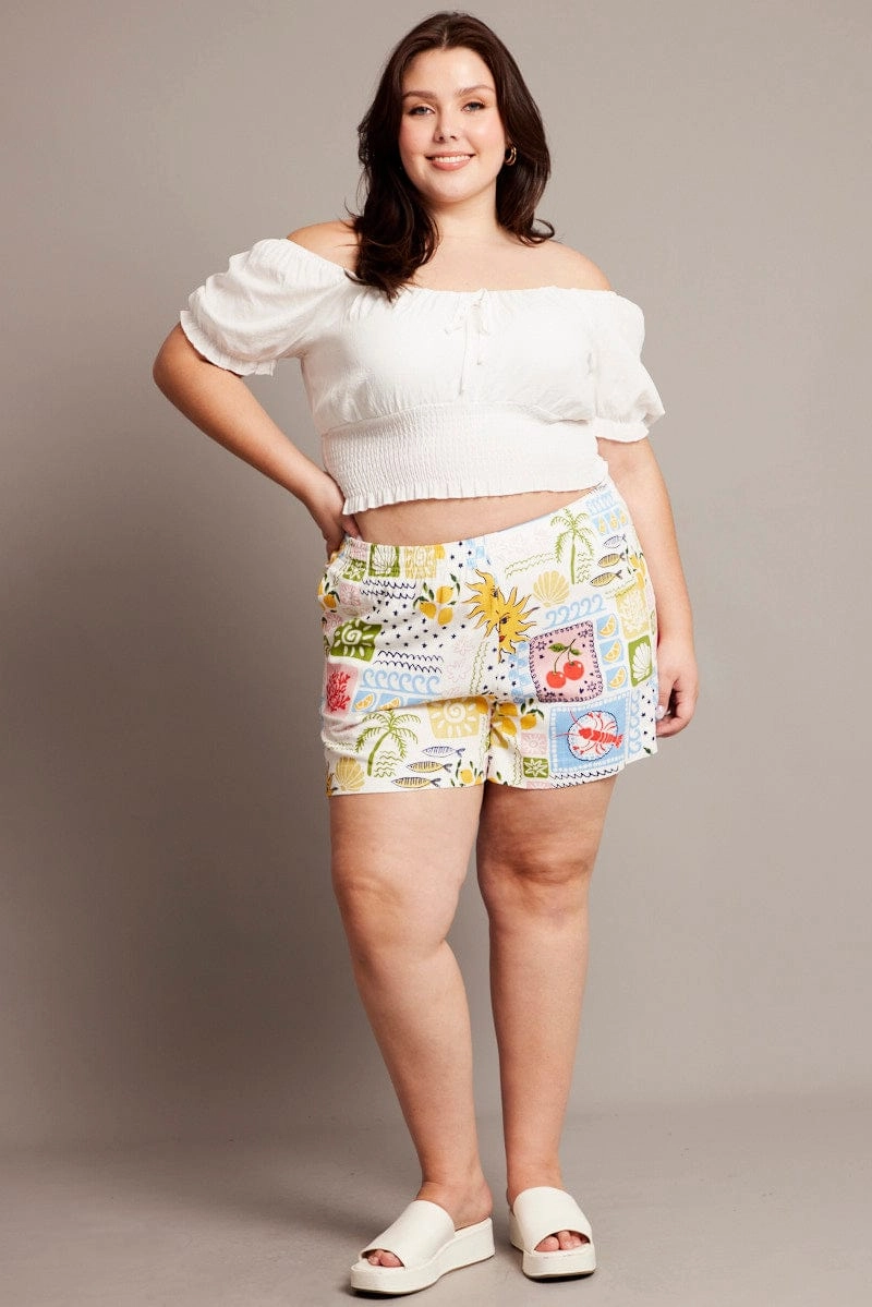 Stretch Fit Multi Abstract Elastic Waist Linen Blend Shorts