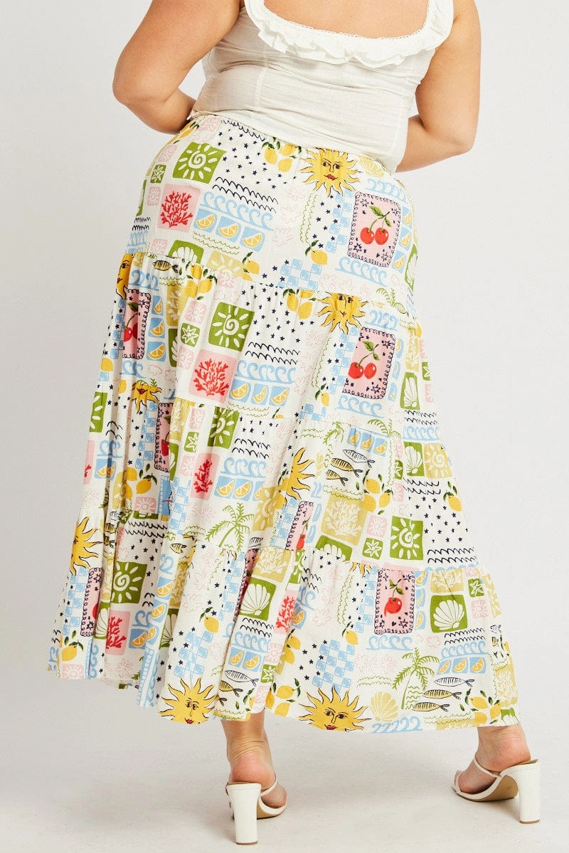 Multi Abstract Elastic Waist Linen Blend Tiered Maxiskirt Easy Comfort Detachable Detail