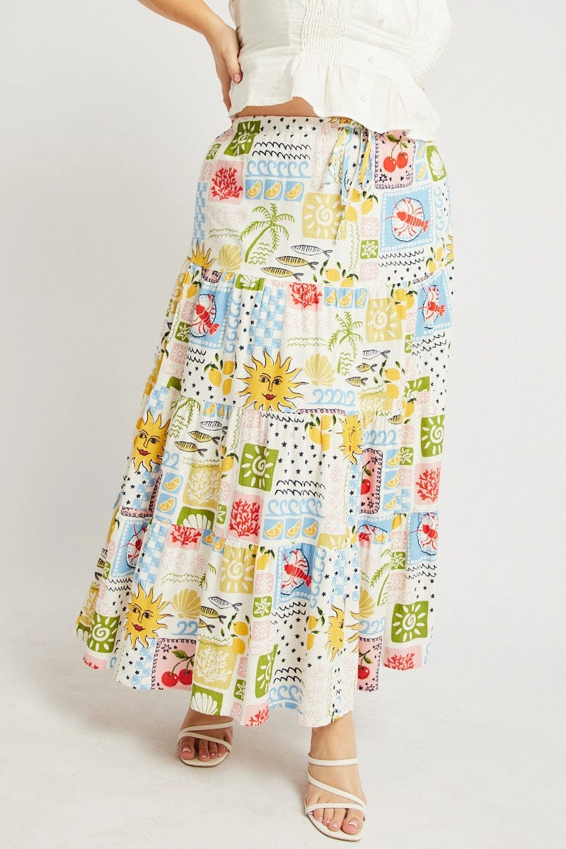 Multi Abstract Elastic Waist Linen Blend Tiered Maxiskirt Simple Outfit
