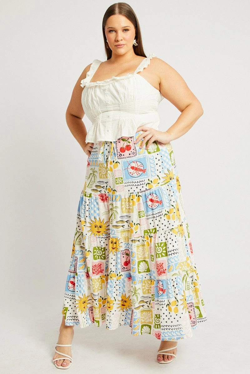 Fair trade Multi Abstract Elastic Waist Linen Blend Tiered Maxiskirt