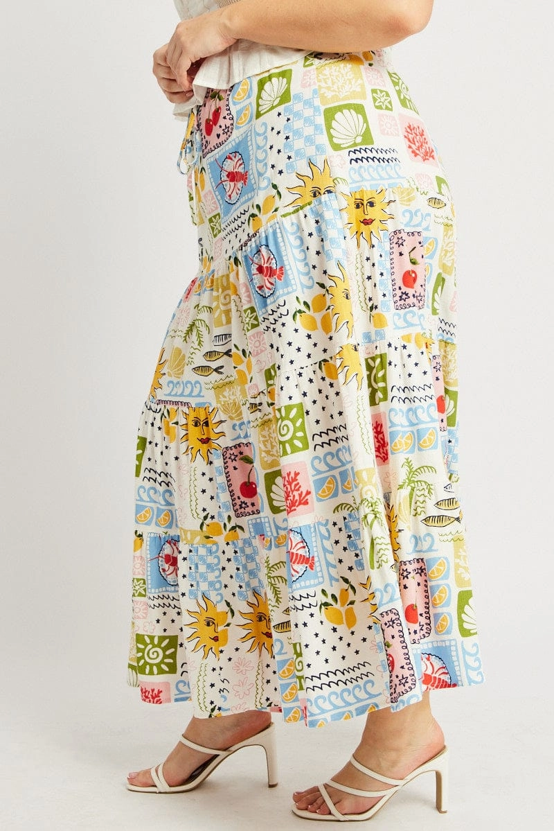 Multi Abstract Elastic Waist Linen Blend Tiered Maxiskirt quick dry Heritage Brand