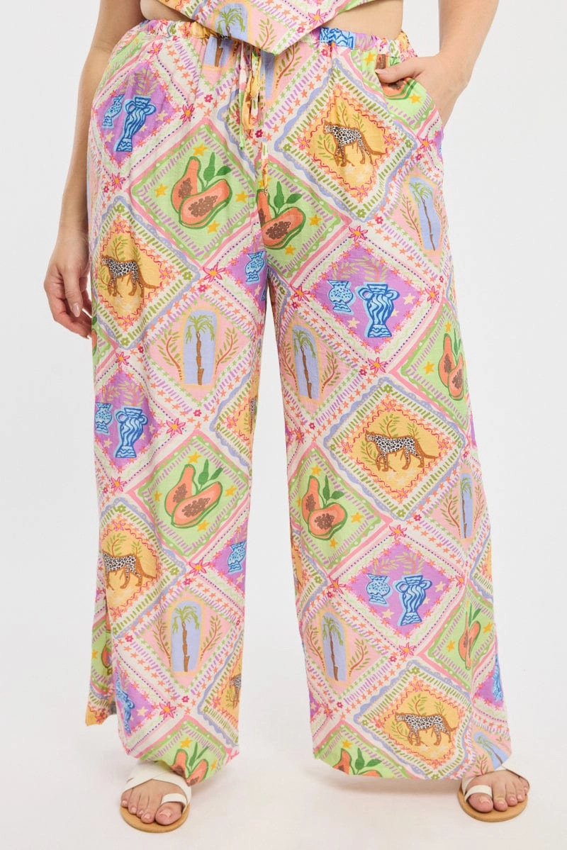 Stylish Appearance Multi Abstract Elastic Waist Wide Leg Pants