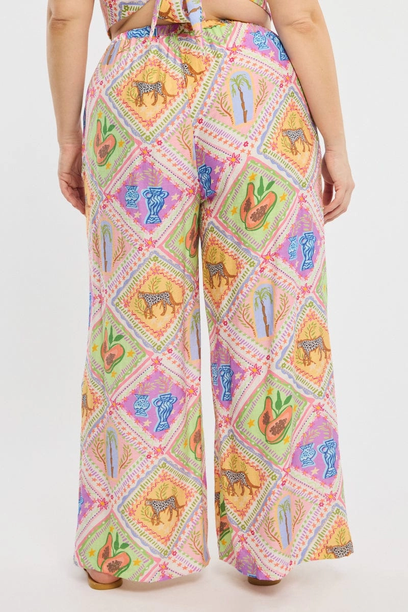 LowProfileStitching Non Bulk Multi Abstract Elastic Waist Wide Leg Pants