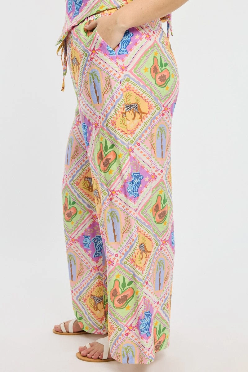 Multi Abstract Elastic Waist Wide Leg Pants AntiPilling