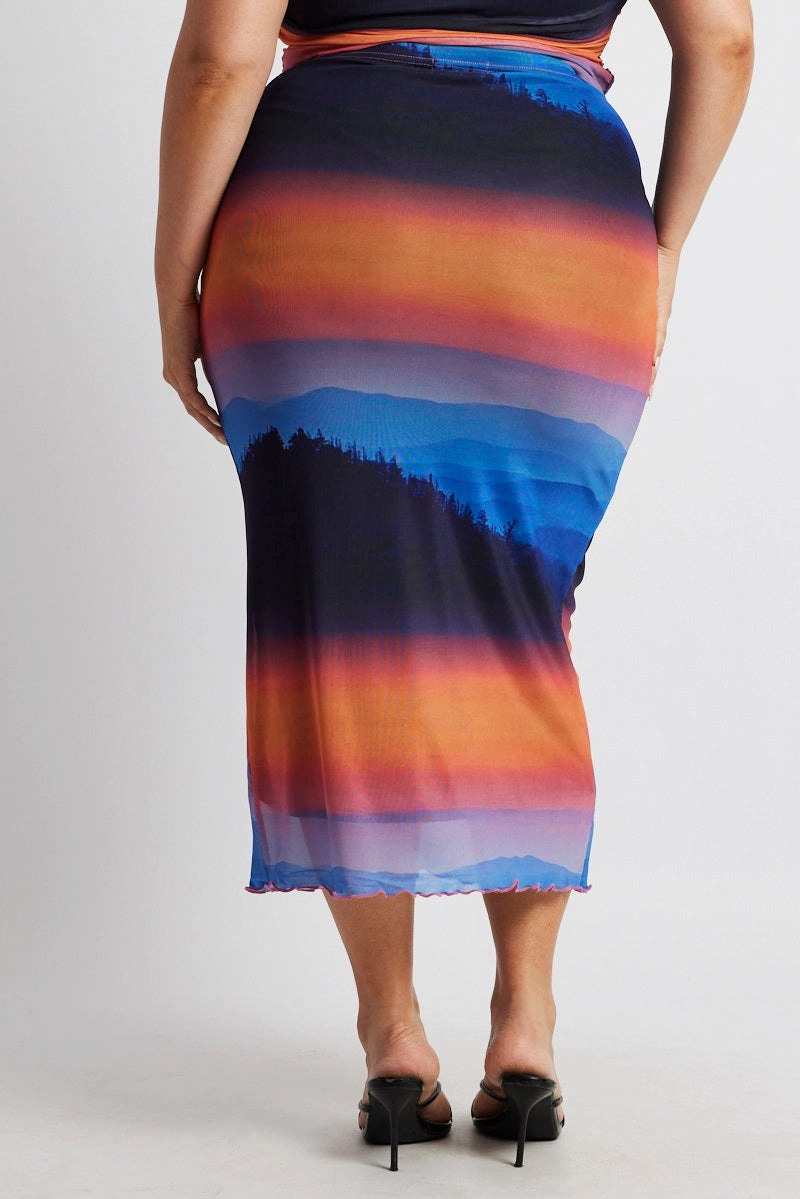Custom made Smooth Feel Multi Abstract Mesh Bodycon Landscape Skirt