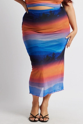 Sleek Vibe Laid Back Look Multi Abstract Mesh Bodycon Landscape Skirt