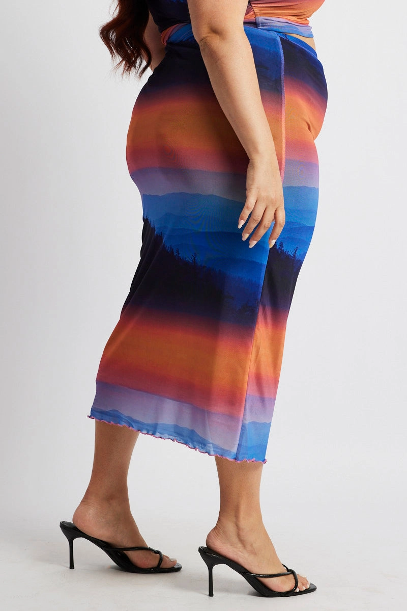 Smart Edge Contrast Stitching Multi Abstract Mesh Bodycon Landscape Skirt