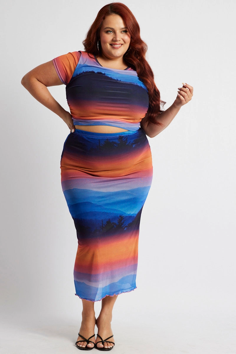 Multi Abstract Mesh Bodycon Landscape Skirt Seamless Finish Layered Structure