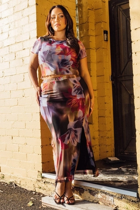 Multi Abstract Mesh Bodycon Skirt Ventilated Slits Side Pockets