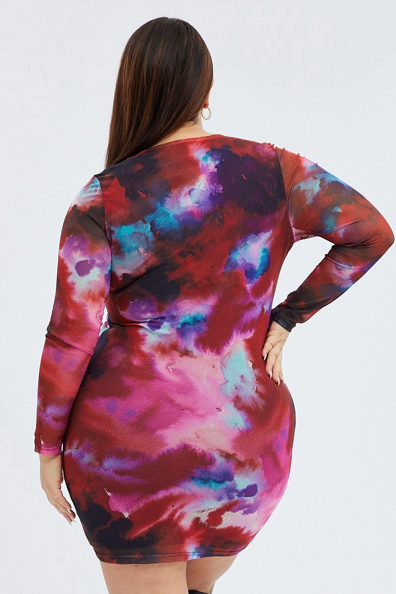 Country View Practical work-to-play piece Multi Abstract Mesh Cutout Dress Long Sleeve Mini Length