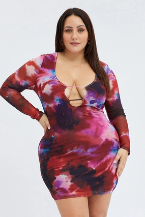 Brunch Glow Multi Abstract Mesh Cutout Dress Long Sleeve Mini Length