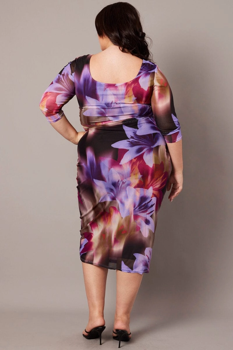 Multi Abstract Mesh Scoop Neck Short Sleeve Dress Harmonious Layers Classic Move