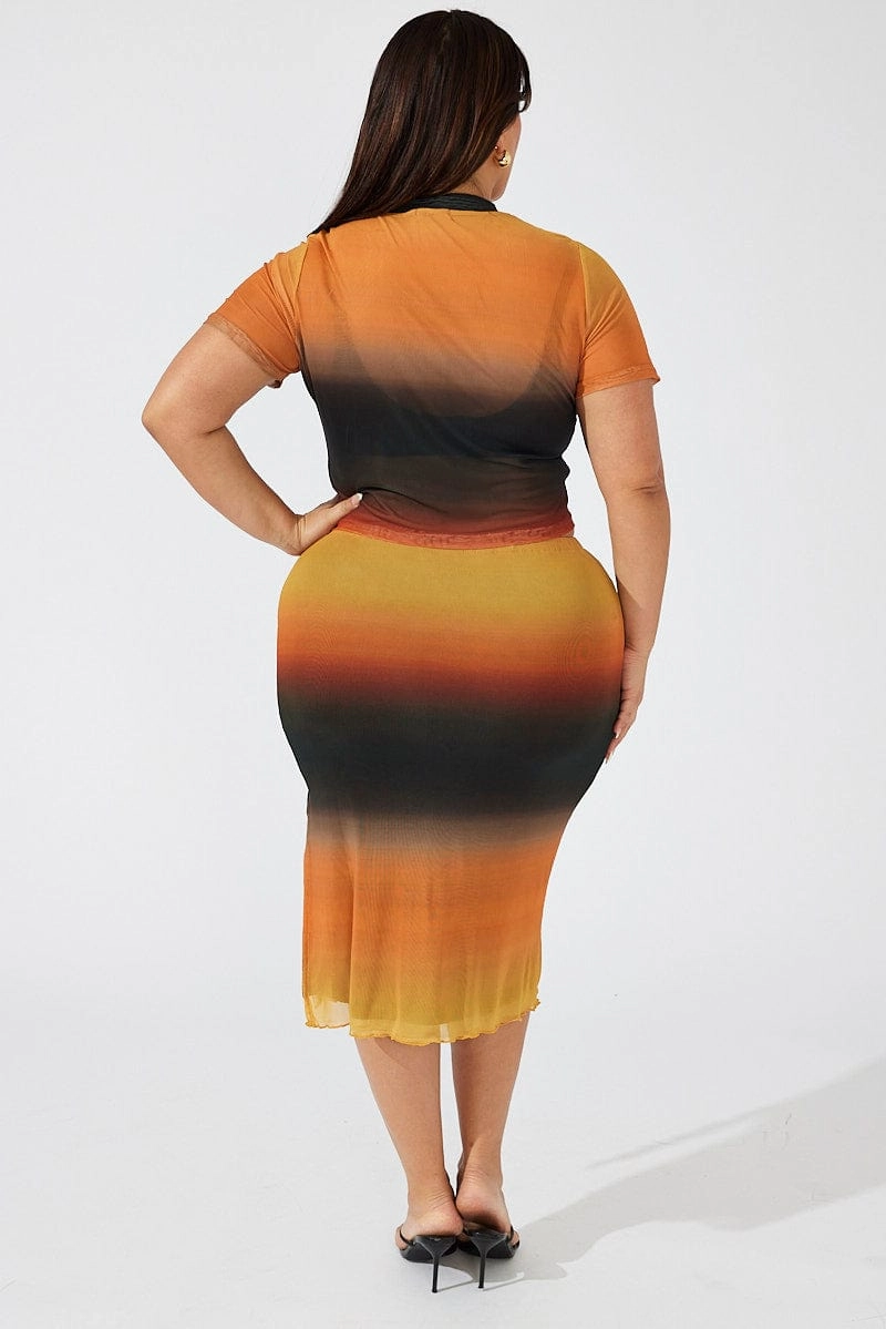 Multi Abstract Midi Skirt Bodycon Split Mesh Two Tone Trim Cotton Rich