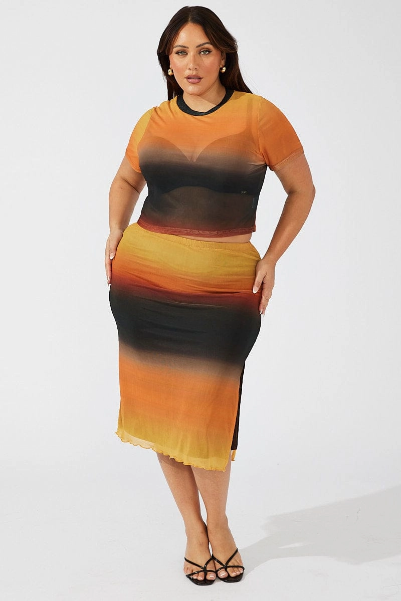 Heat Dissipating Fabric Multi Abstract Midi Skirt Bodycon Split Mesh