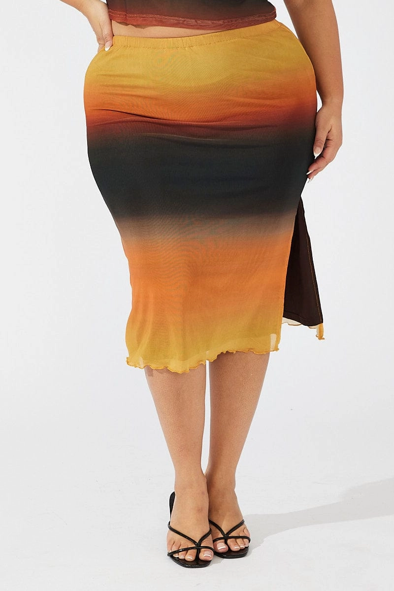 Personality Style Multi Abstract Midi Skirt Bodycon Split Mesh