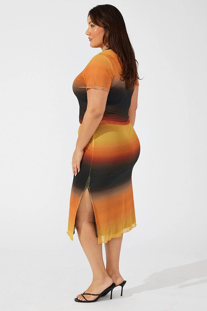 Multi Abstract Midi Skirt Bodycon Split Mesh Simple Outfit