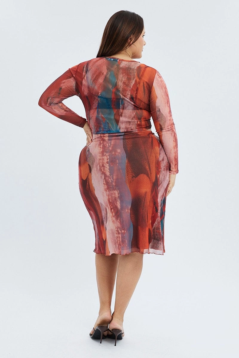 Fresh Style Low Rise Multi Abstract Midi Skirt Mesh Landscape