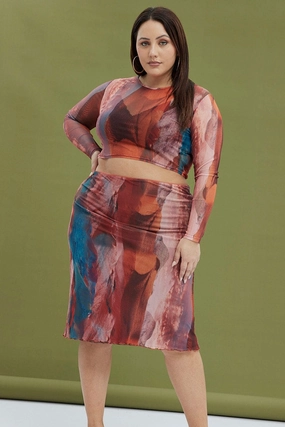 Multi Purpose Fabric Multi Abstract Midi Skirt Mesh Landscape