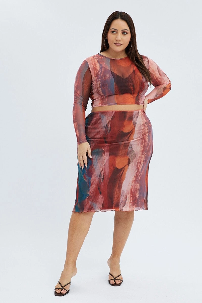 Multi Abstract Midi Skirt Mesh Landscape Effortless Feel Cuffed hem