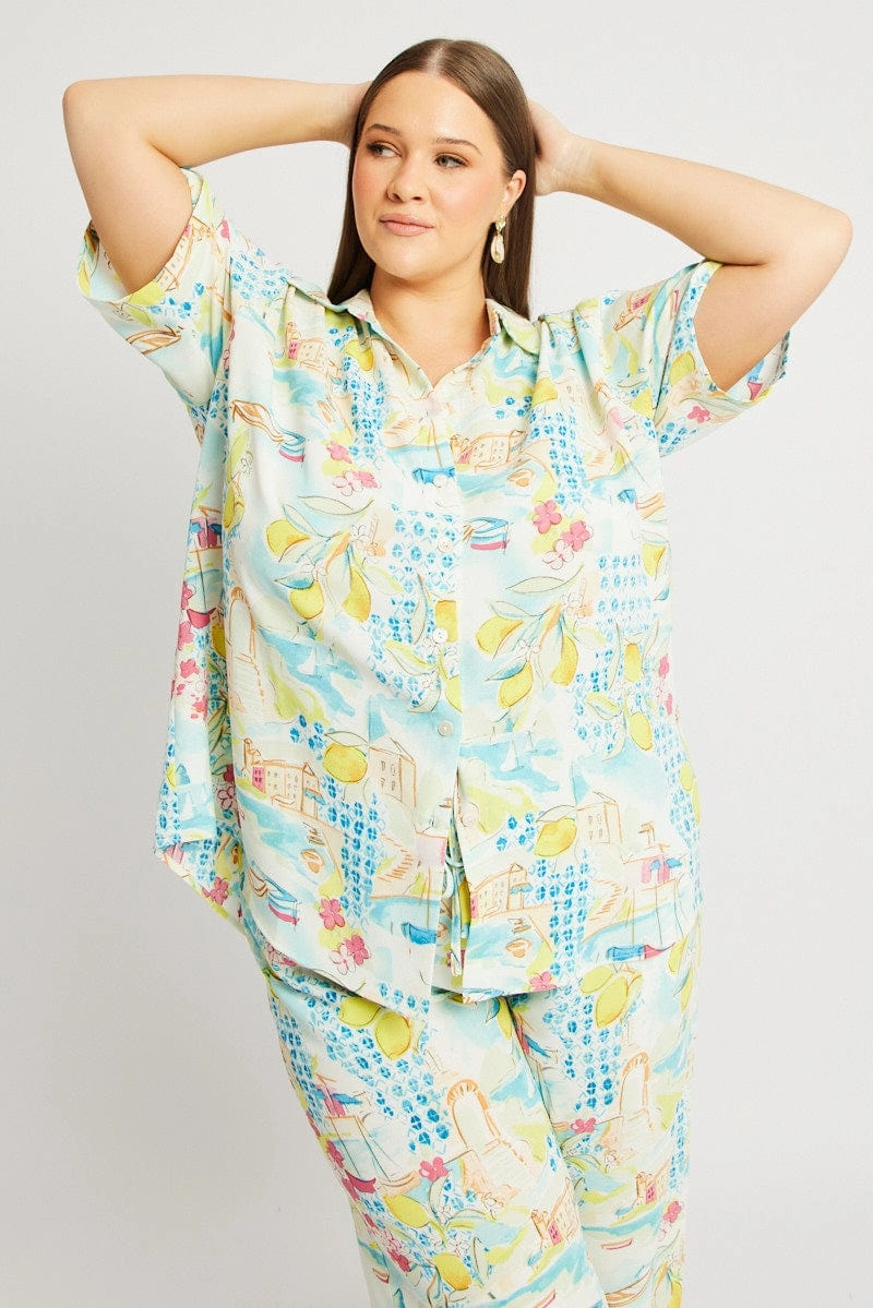 Multi Abstract Relaxed Shirt Short Sleeve Stretch Material
