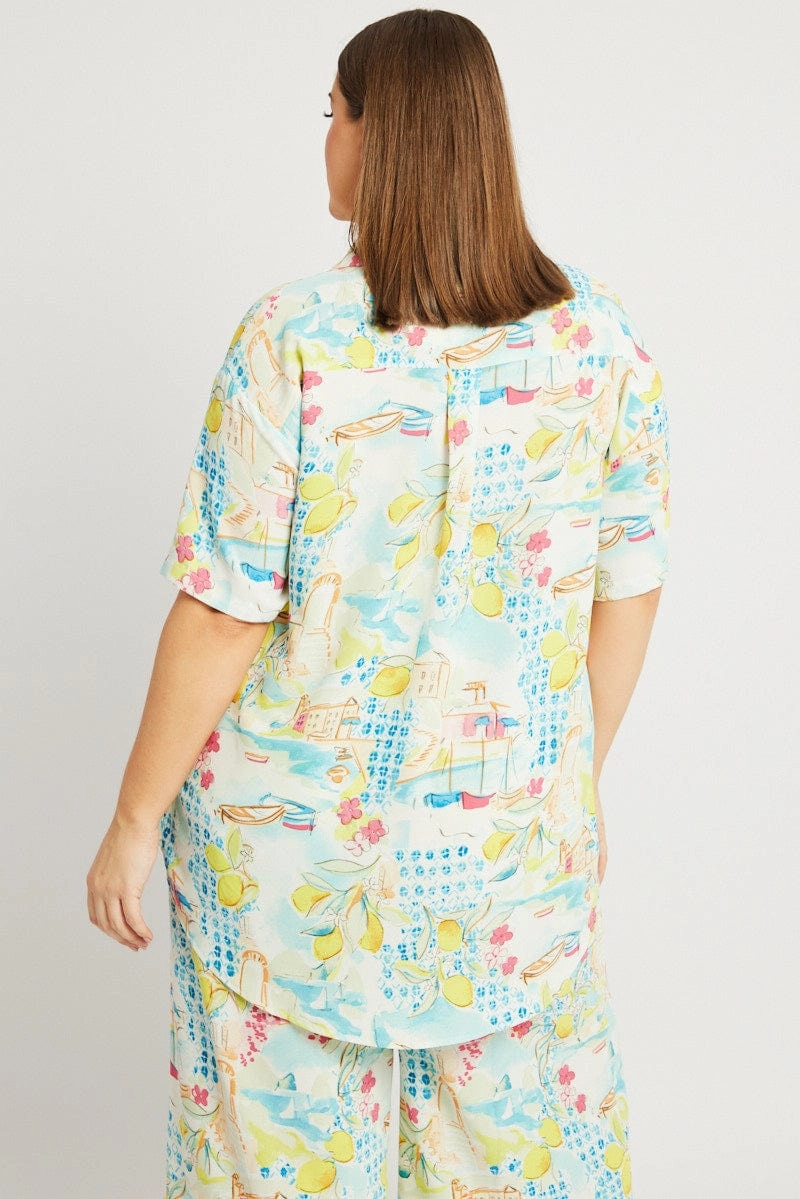 Geometric Pattern Multi Abstract Relaxed Shirt Short Sleeve