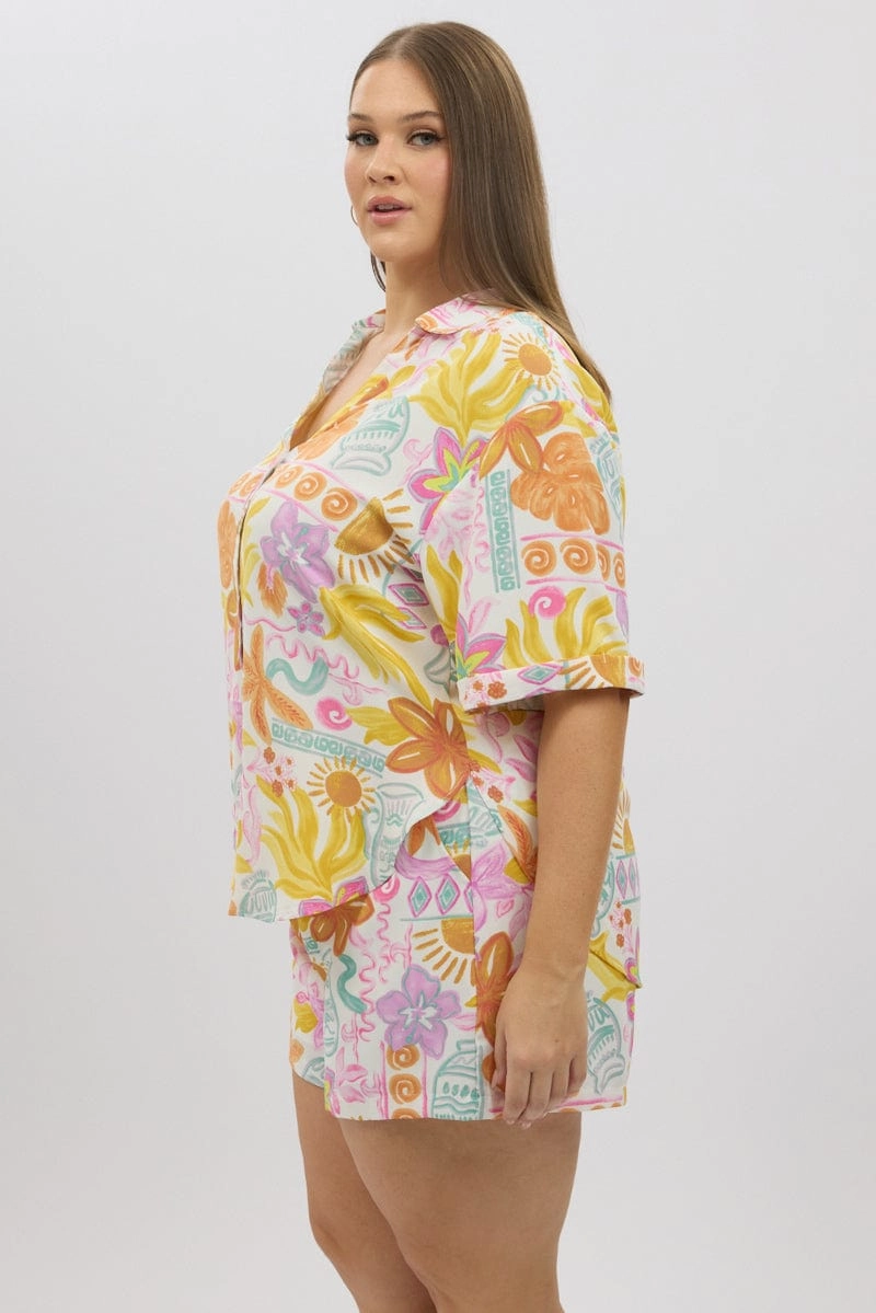 Multi Abstract Relaxed Shirt Short Sleeve Seasonal Fashion
