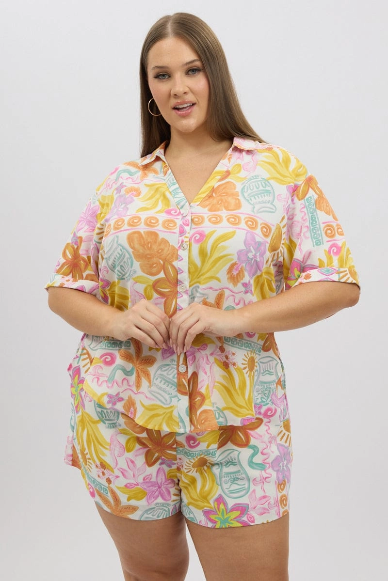 Multi Abstract Relaxed Shirt Short Sleeve Contemporary Style Travel Essential