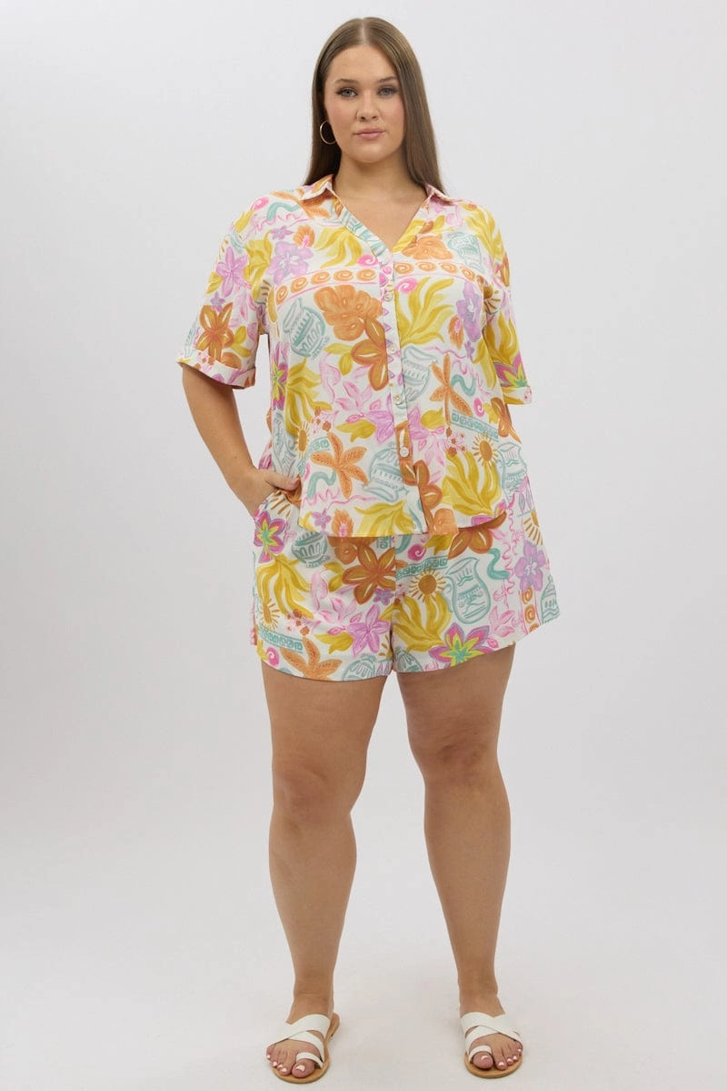 Multi Abstract Relaxed Shirt Short Sleeve Casual Design Double Needle Hemming
