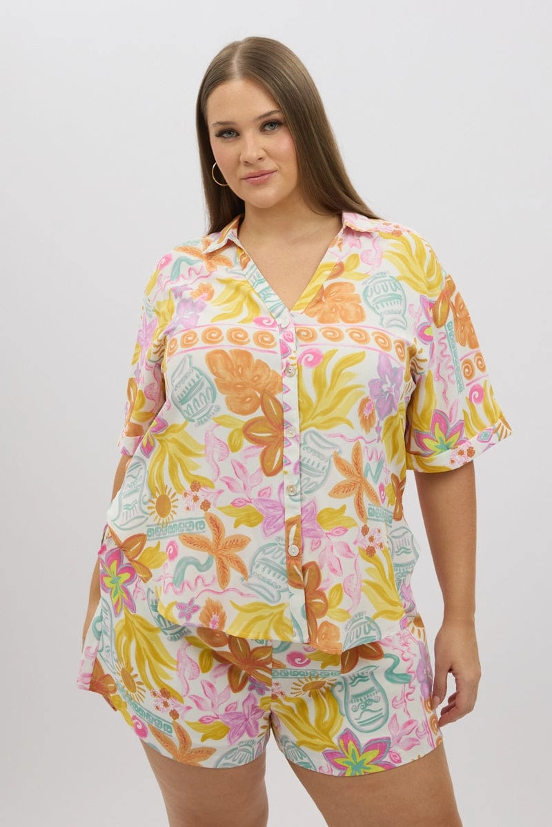 Multi Abstract Relaxed Shirt Short Sleeve Tailored Cuffs Current Style
