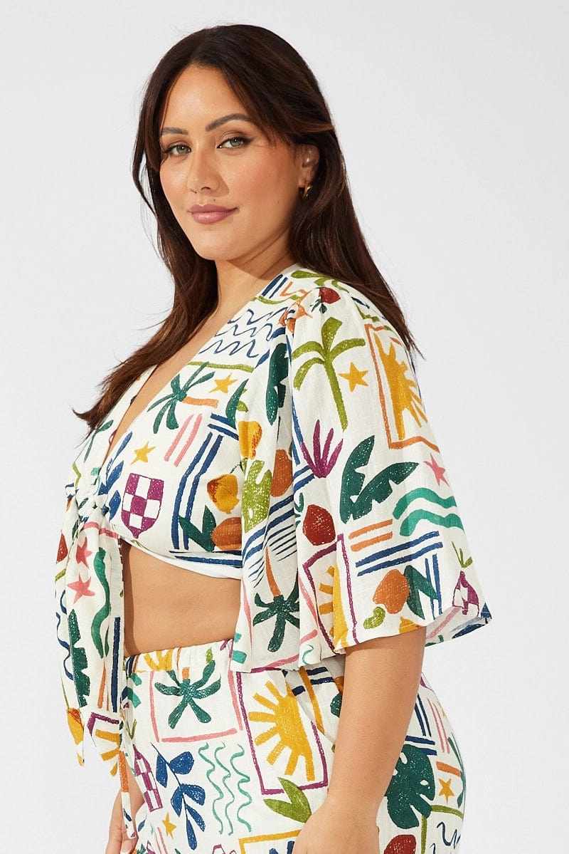 Breathable Design Comfort Fit Cut Multi Abstract Tie Front Bolero Top Linen Blend