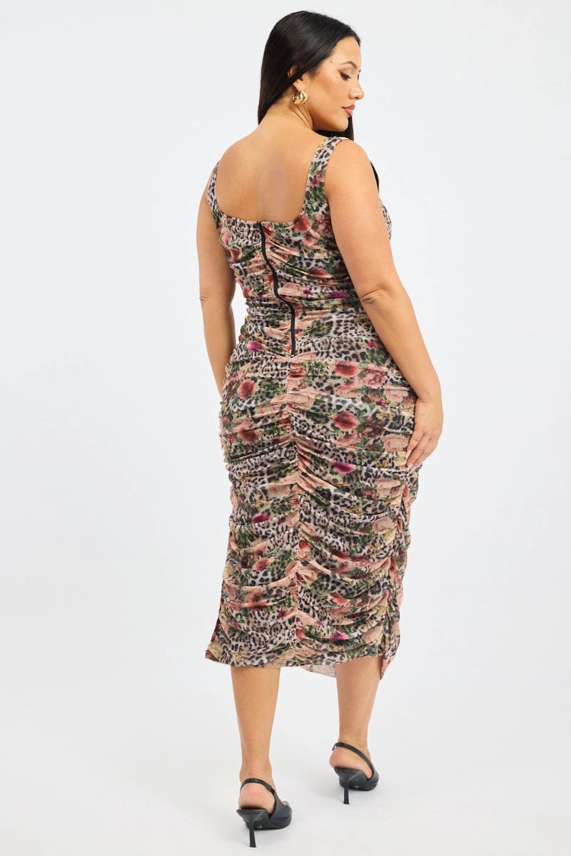Multi Animal Print Ruched Scoop Neck Bodycon Maxidress Radiant Mood City Essential