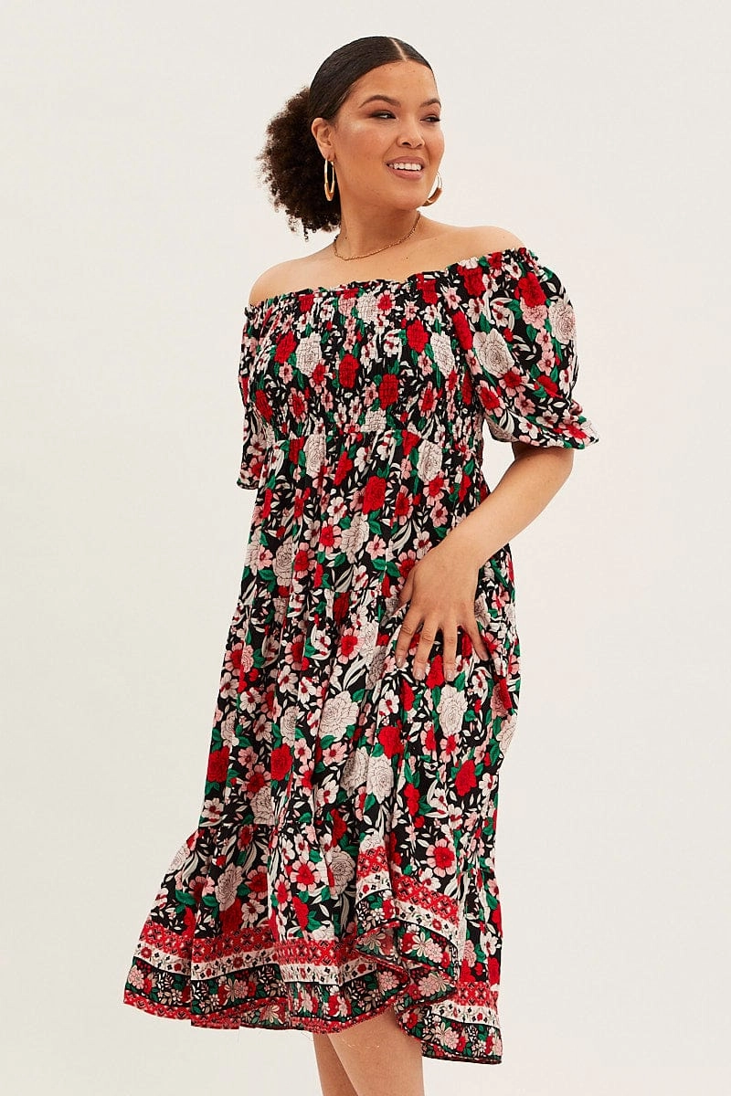 Multi Boho Midi Dress Off Shoulder Tie Back Layered Movement