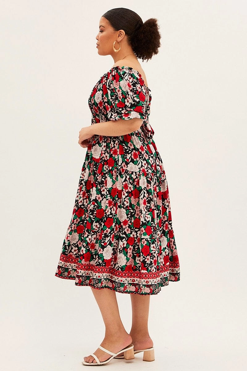 Clean Touch Multi Boho Midi Dress Off Shoulder Tie Back