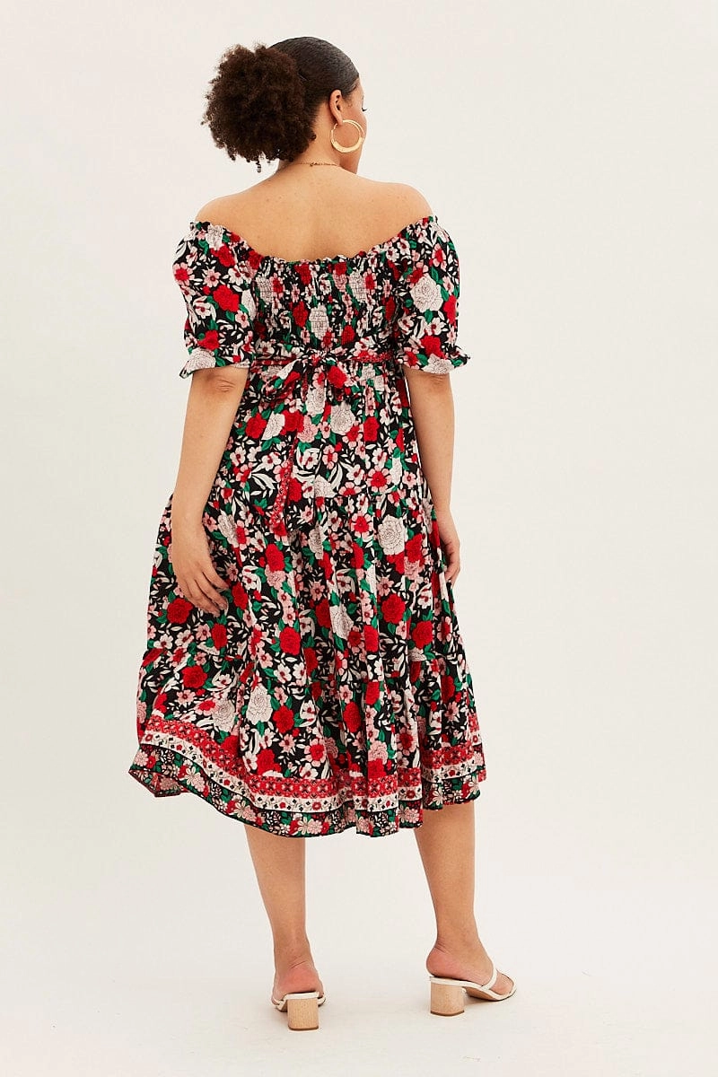 Multi Boho Midi Dress Off Shoulder Tie Back Flawless Fit travel mode