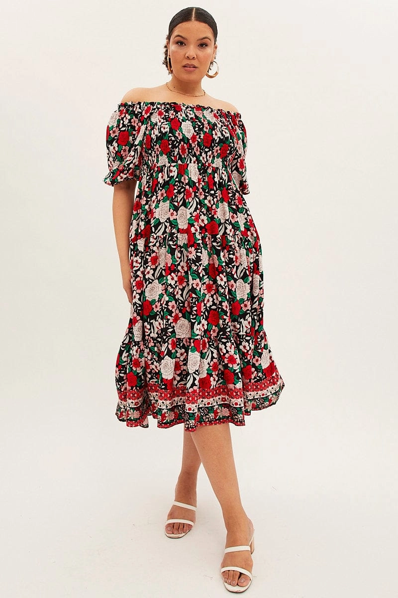Recycled-Material Multi Boho Midi Dress Off Shoulder Tie Back
