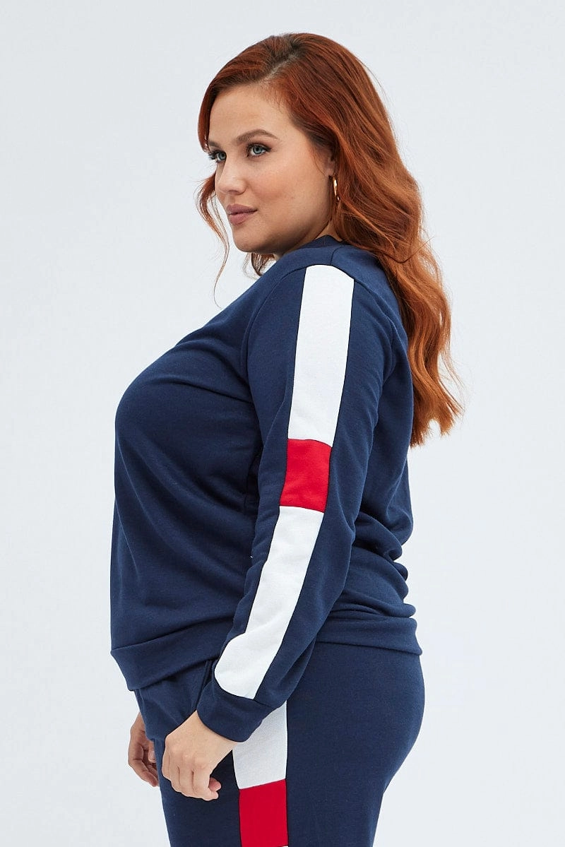 ironable Practical Wear Multi Contrast Sweater Fleece Long Sleeve Round Neck