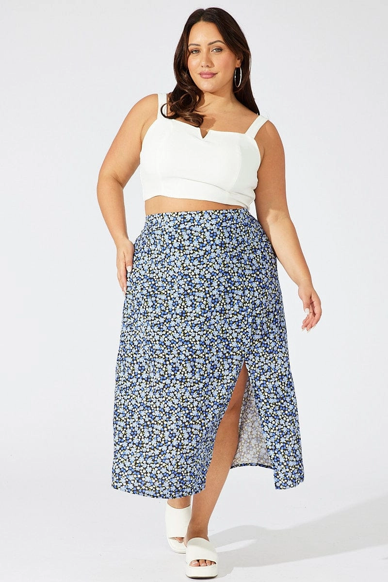 Smart Edge Active Wear Multi Ditsy Split Rayon Midi Skirt