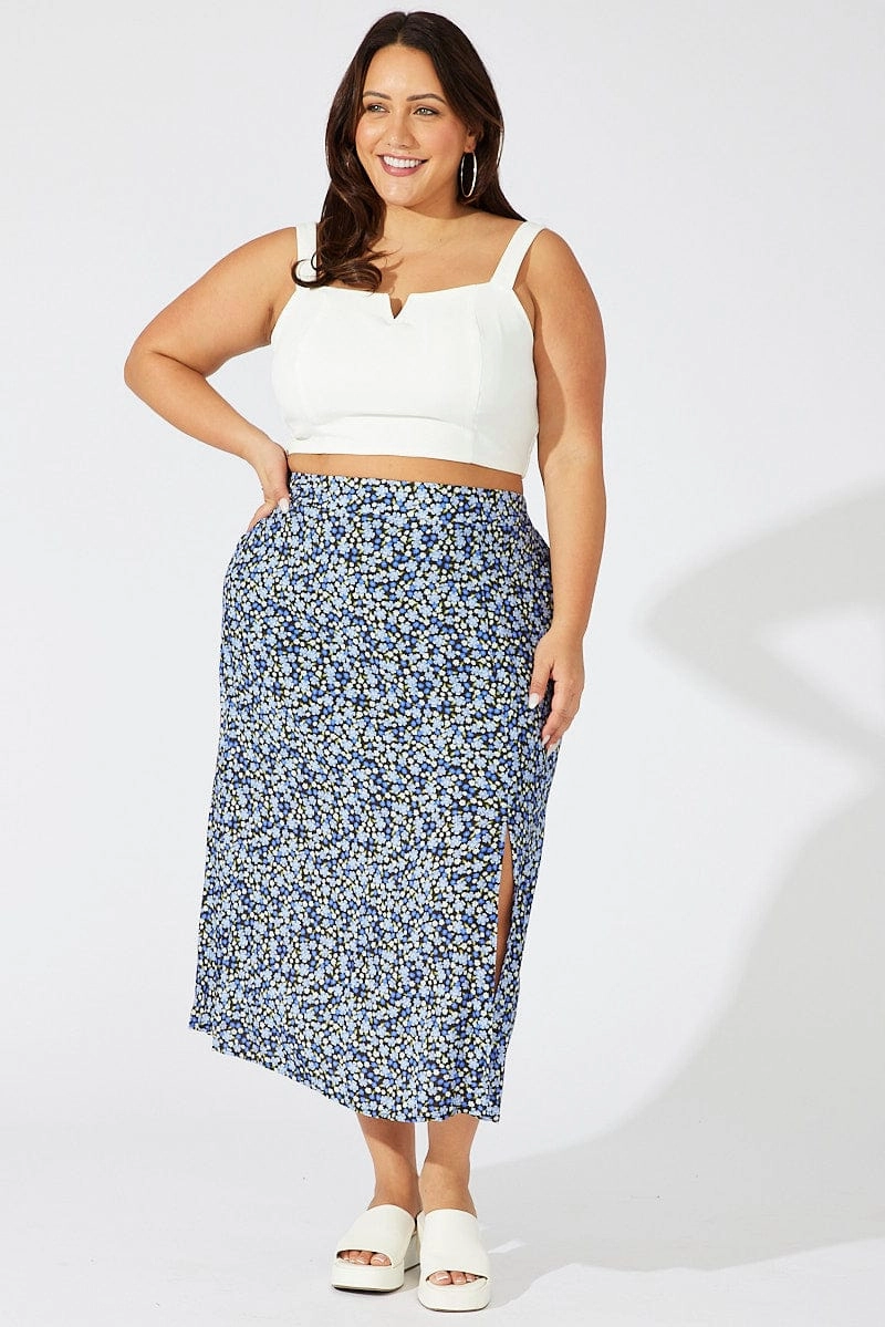 Elevated Casual Multi Ditsy Split Rayon Midi Skirt