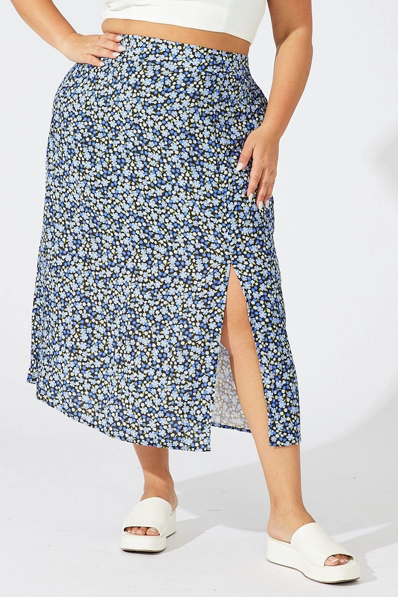 Multi Ditsy Split Rayon Midi Skirt Anti Pilling Treatment Stretch Material